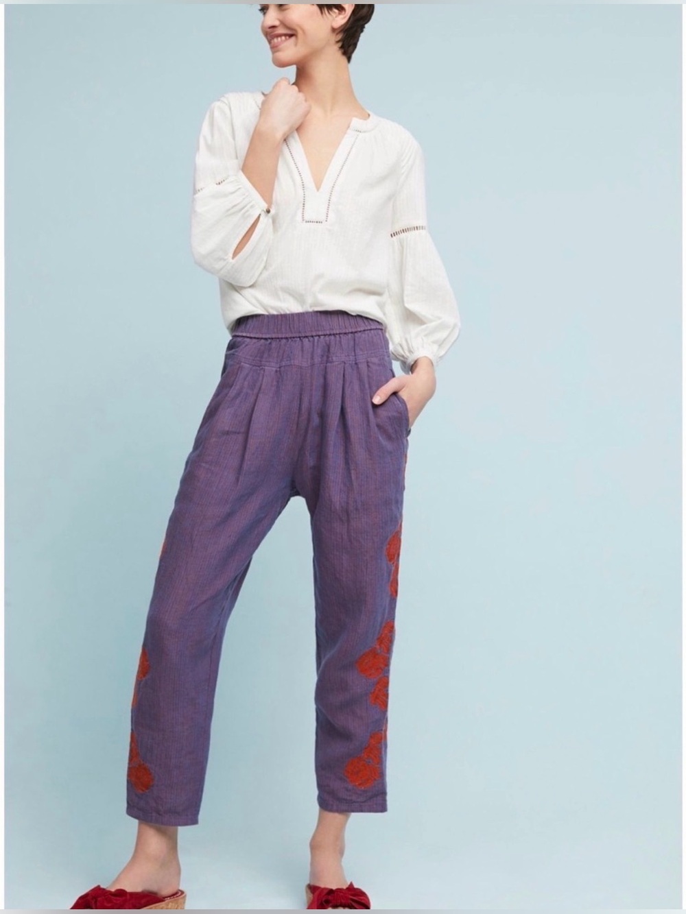 Anthropologie Purple Embroidered linen Pants